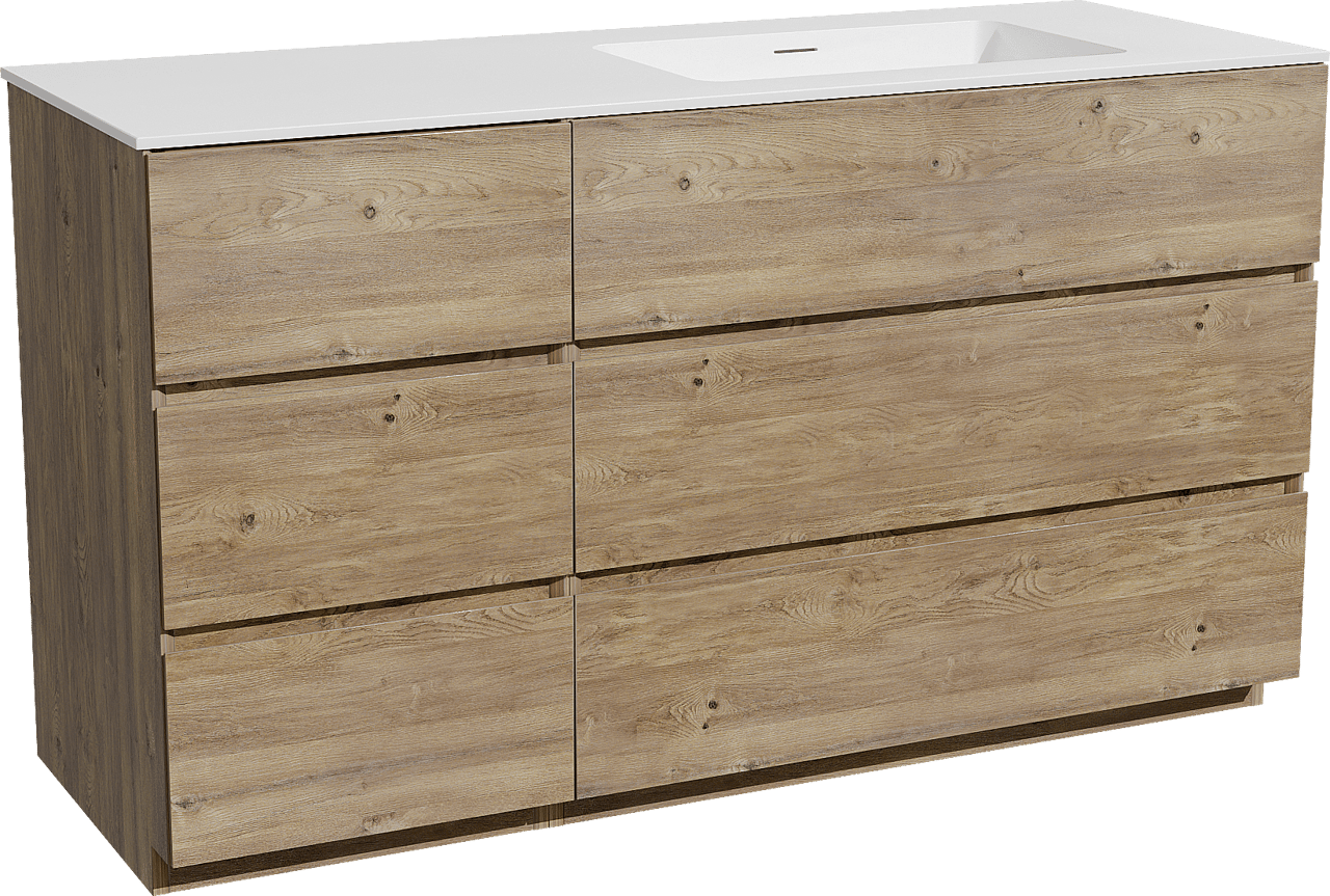 Storke Edge staand badkamermeubel 140 x 52 cm ruwe eik met Mata asymmetrisch rechtse wastafel in solid surface mat wit