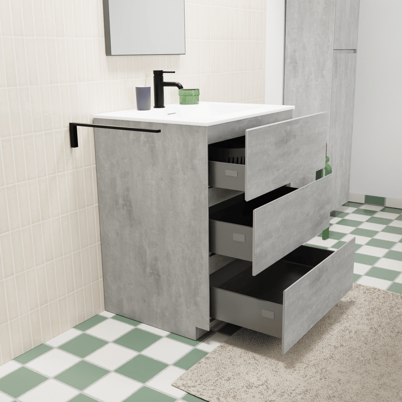 Storke Edge staand badkamermeubel 65 x 52 cm beton donkergrijs met Mata enkele wastafel in solid surface mat wit