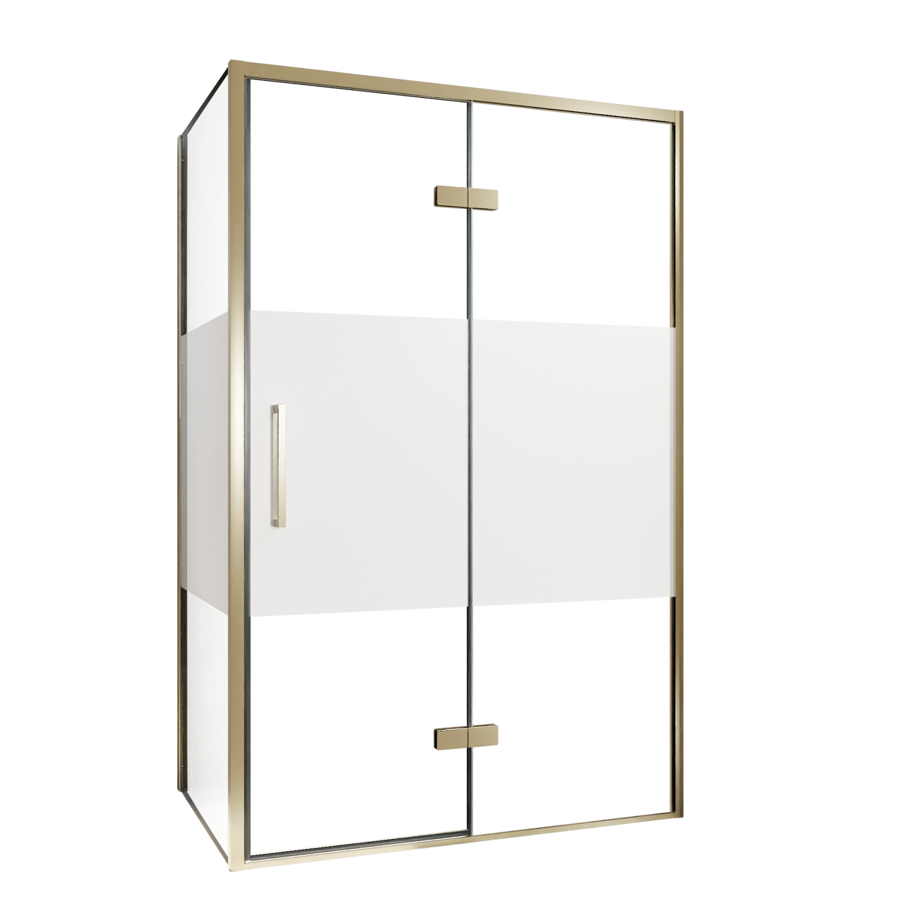 Balmani Senses Design douche en coin avec porte pivotante à droite et paroi latérale fixe, 120 x 90 cm, Verre transparent avec bande matte, Profil Brushed Champagne Gold, coating inclus