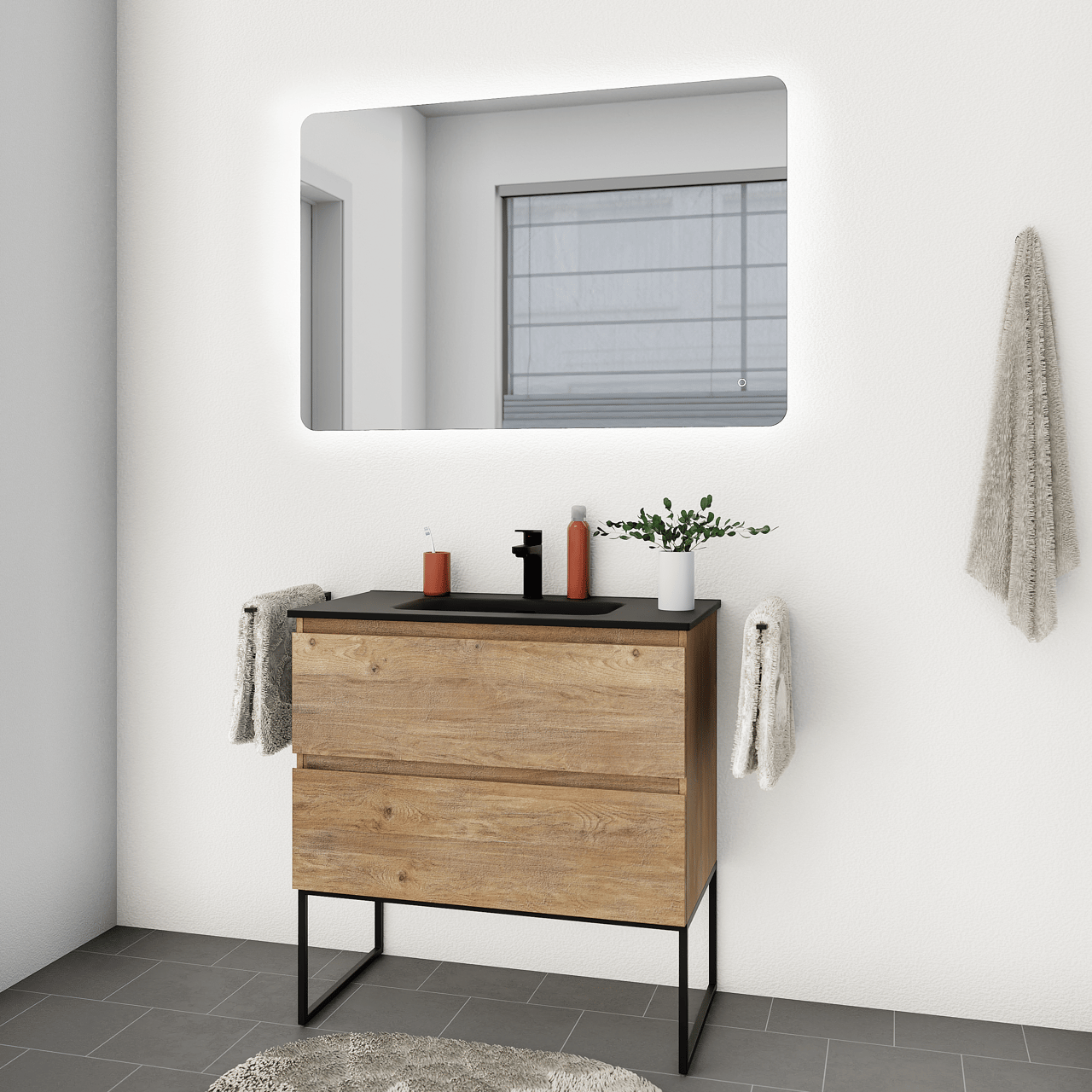 Linie Lux Badspiegel mit Beleuchtung: Abgerundete Ecken, 113 x 75 cm