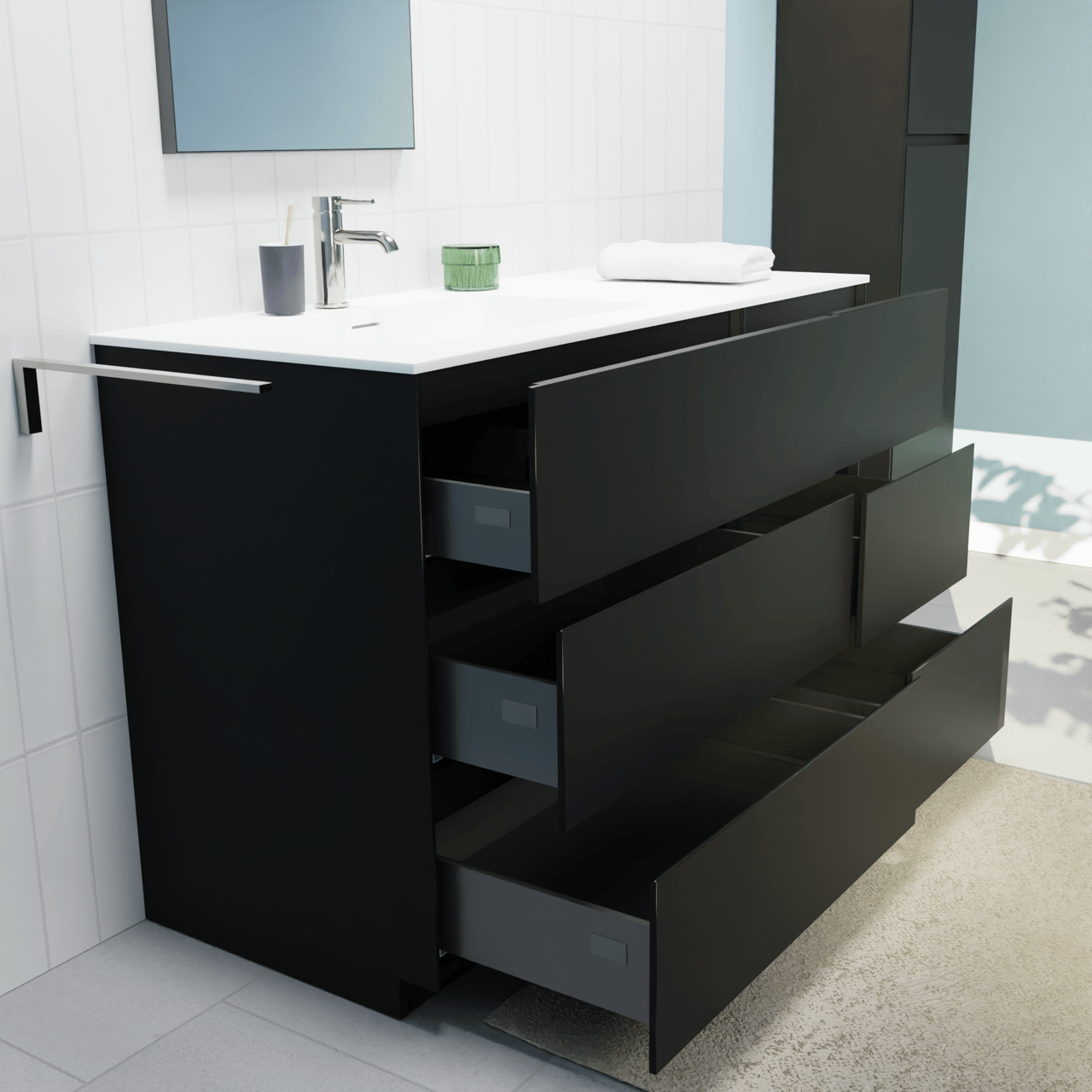 Storke Edge staand badkamermeubel 120 x 52 cm mat zwart met Mata asymmetrisch linkse wastafel in solid surface mat wit
