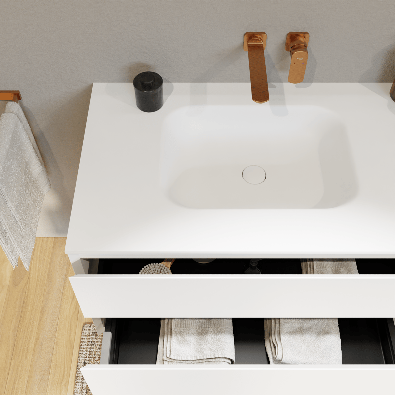 Balmani Mitra zwevend badmeubel 135 x 55 cm mat wit met Tablo Arcato dubbele wastafel in solid surface mat wit