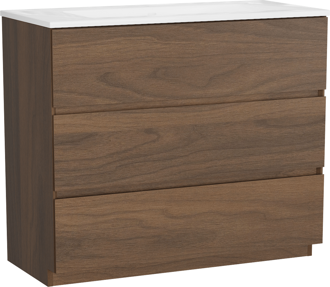 Storke Edge freistehendes Möbelstück Set: 100 x 46 cm, Nussbaum, mit Bilia Einzelwaschtisch, Marmorkomposit Weiß glänzend