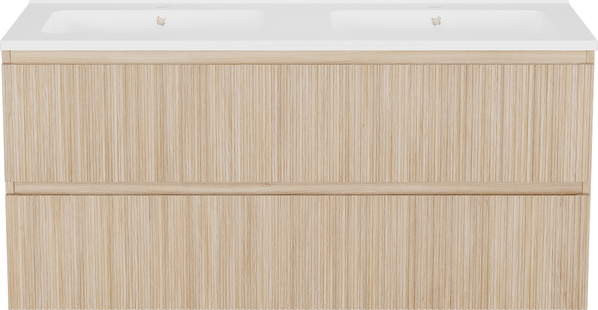 Linie Lado Ribs meuble salle de bains suspendu 120 x 46 cm chêne naturel avec Vano double vasque en marbre composite blanc mat, Nervure droite symétrique verticale