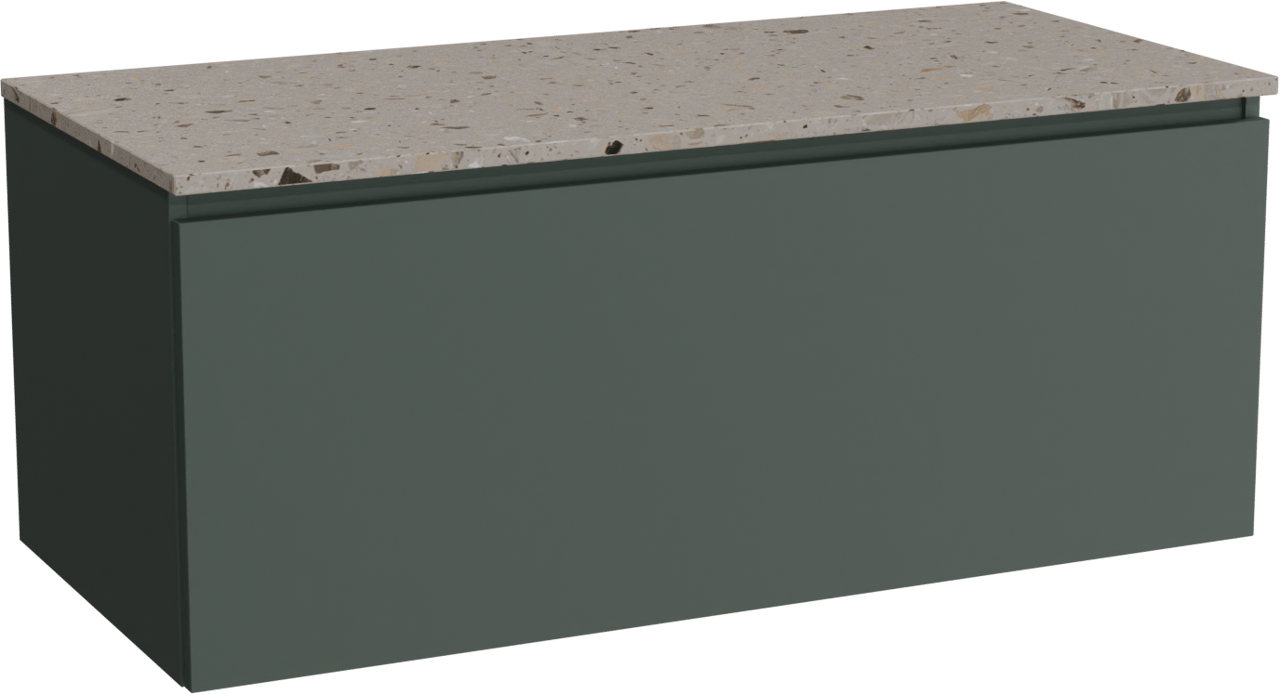 Balmani Sfera by Lucida hängendes Möbelstück Set: 120 x 55 cm, Forest, mit Stretto Einzel- oder Doppel Waschtischplatte, Terrazzo in Greige