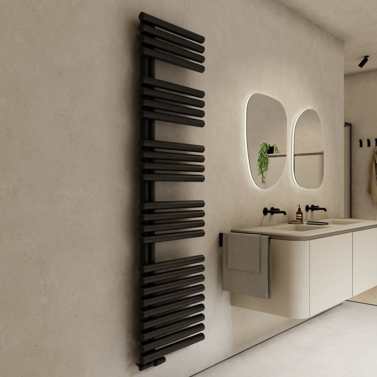 Vipera Avila enkele handdoekradiator 50 x 187 cm centrale verwarming mat zwart middenaansluiting 1204W