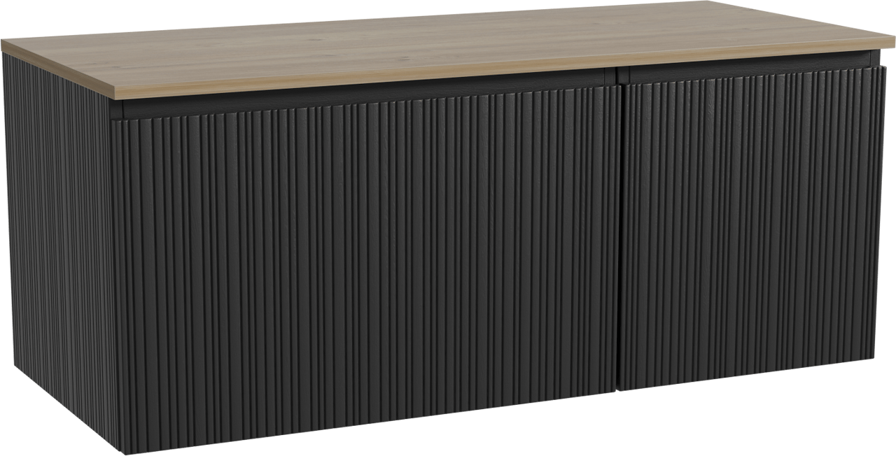 Storke Ribs meuble salle de bains suspendu 120 x 52 cm chêne noir avec Panton tablette simple ou double en mélaminé chêne brut, Nervure droite asymétrique verticale