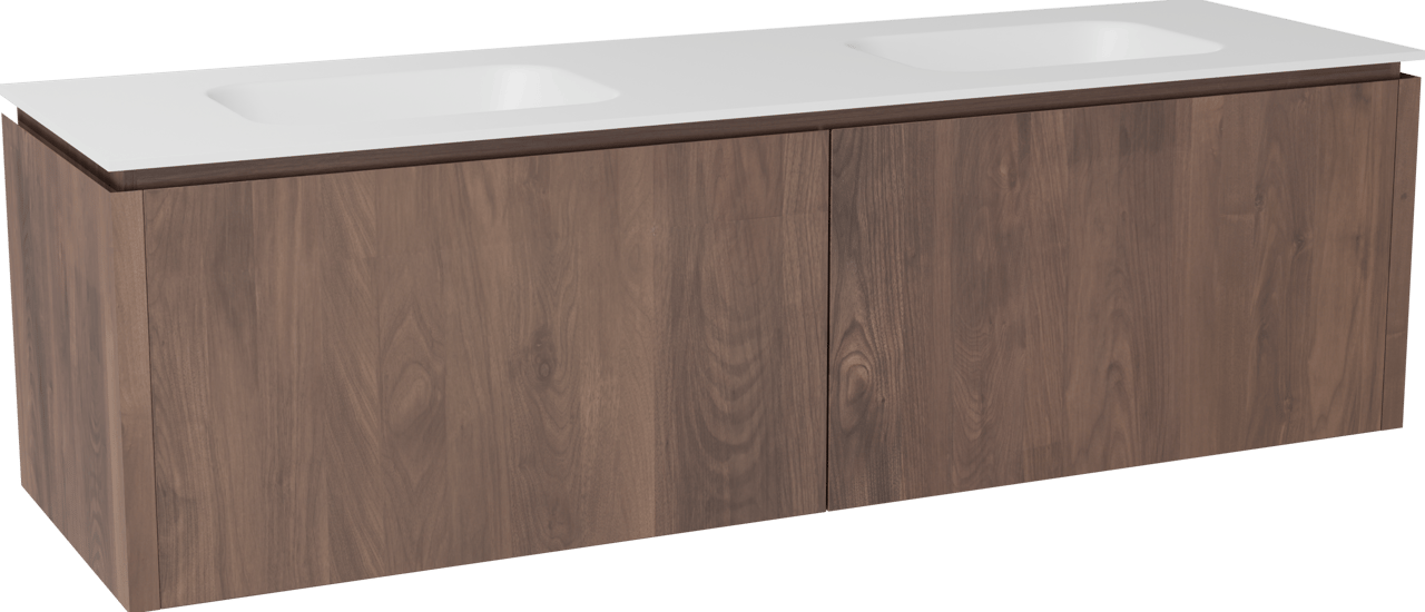 Balmani Eclips zwevend badmeubel 180 x 55 cm Amerikaans notenhout met Tablo Arcato dubbele wastafel in Solid Surface mat wit