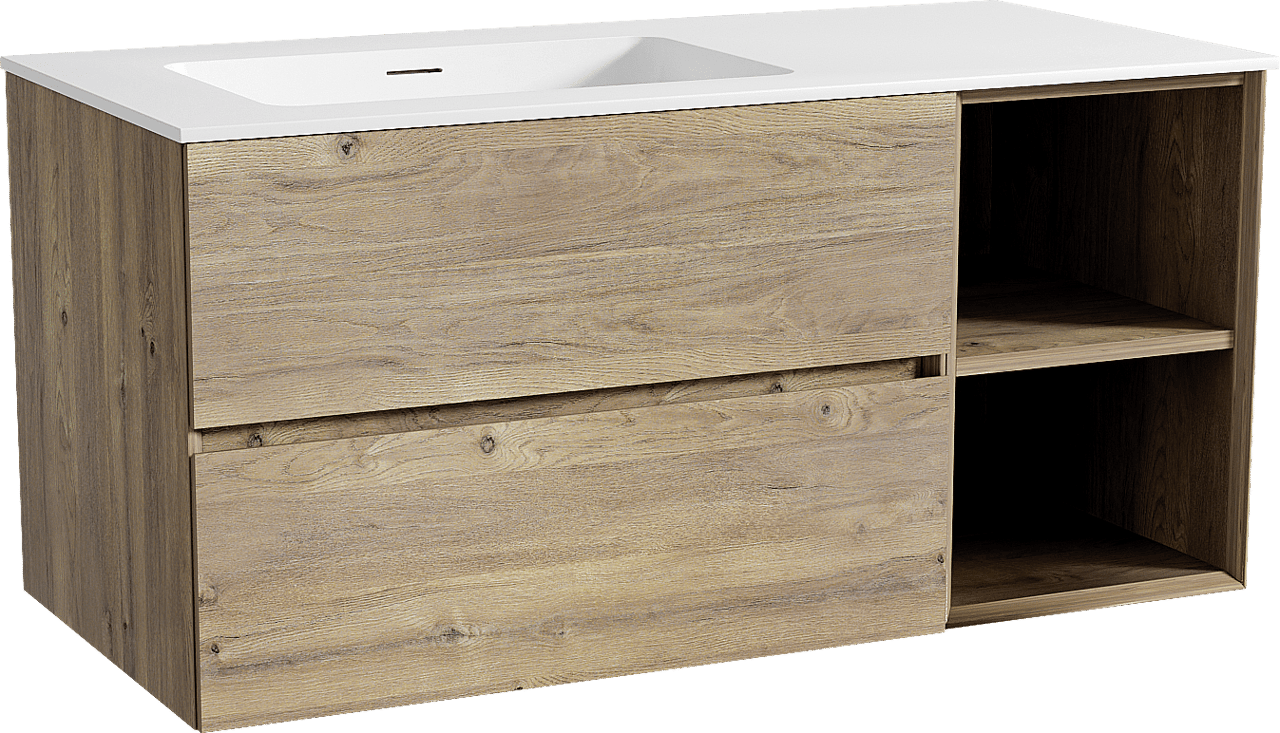 Storke Edge hängendes Möbelstück Set: 110 x 52 cm, Rohe Eiche, mit Mata Waschtisch links, Solid Surface Weiß matt