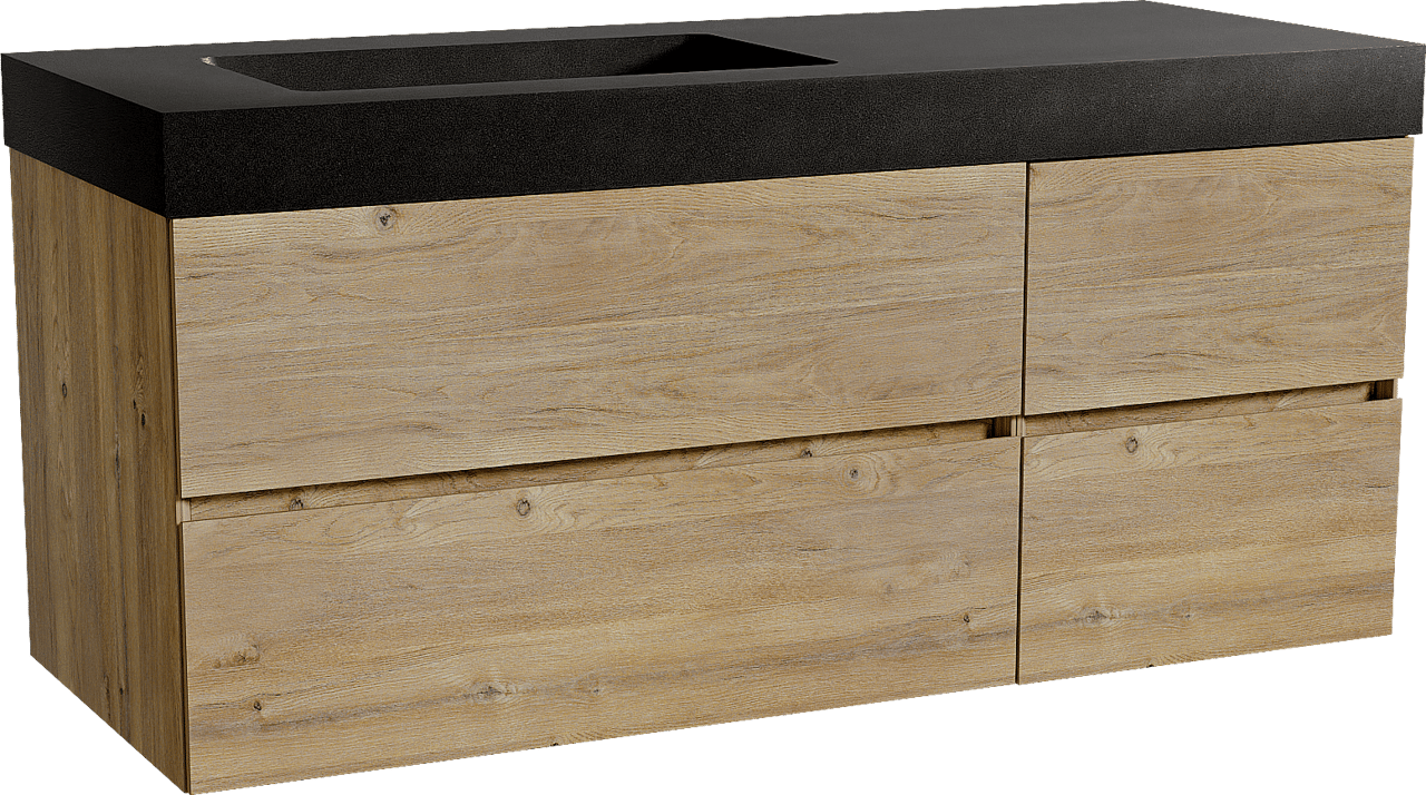 Storke Edge hängendes Möbelstück Set: 130 x 52 cm, Rohe Eiche, mit Scuro High Waschtisch links, Quarz Schwarz matt
