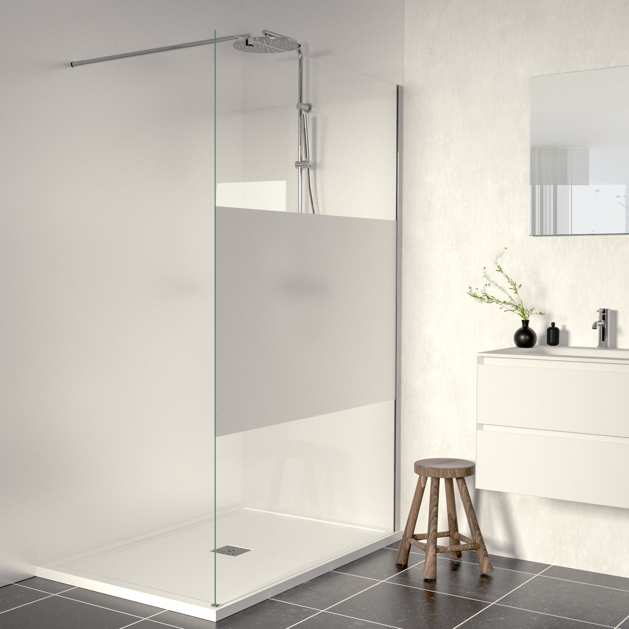 Linie Walk-In inloopdouche 140 x 200 cm helder glas met matte strook glanzend chroom profiel