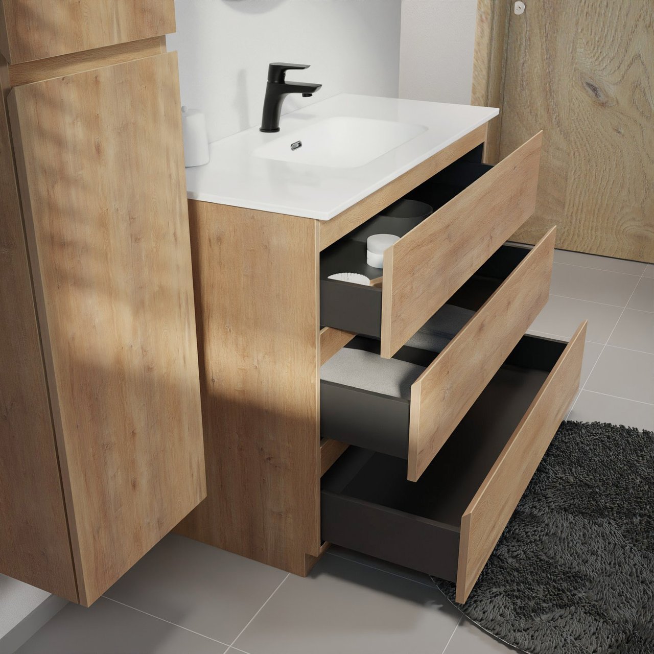 Linie Lado freistehendes Möbelstück Set: 100 x 46 cm, Naturbelassene Eiche, mit Baro Einzelwaschtisch, Porzellan Weiß glänzend