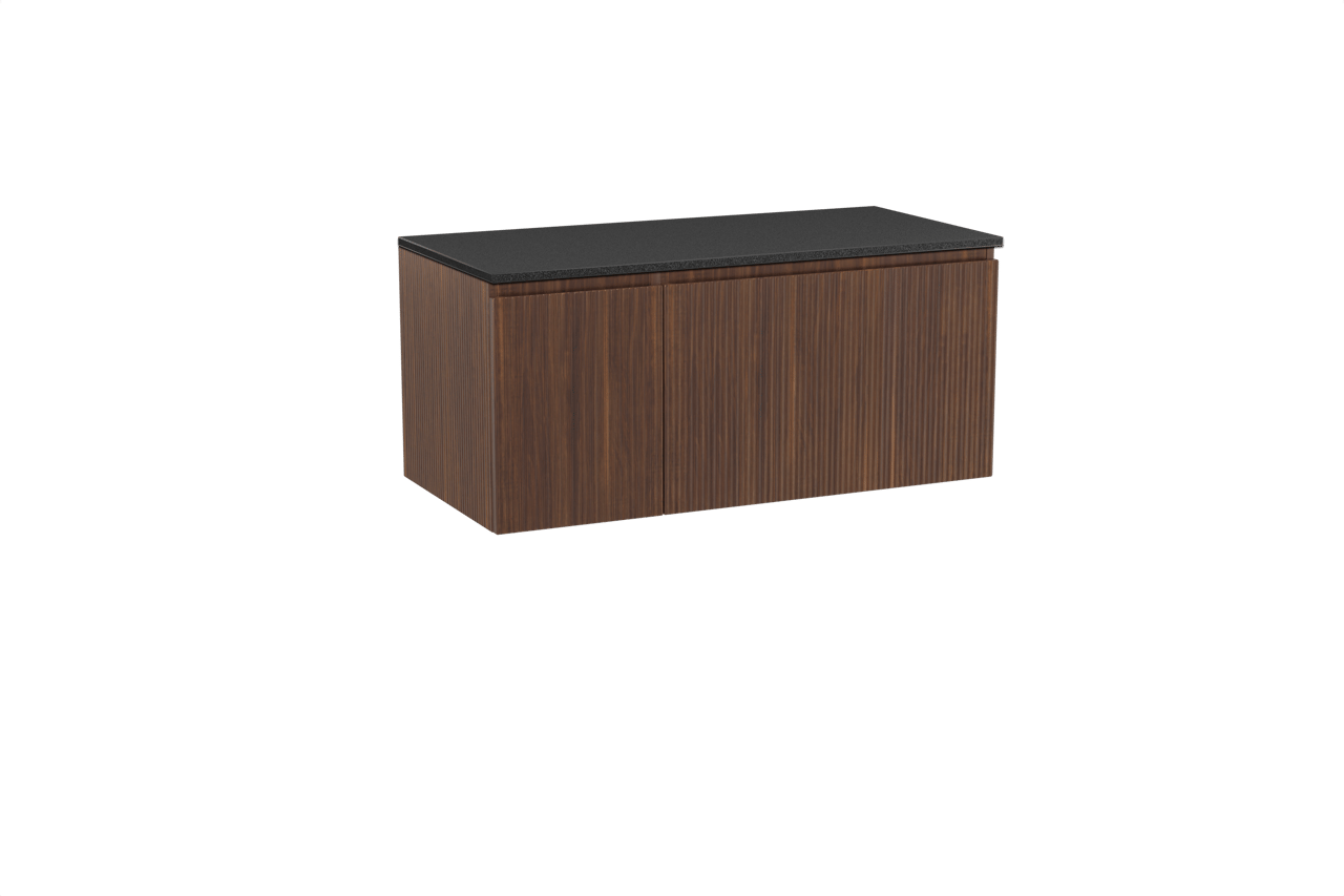 Storke Ribs zwevend badmeubel 110 x 52 cm notenhout met Panton enkel wastafelblad in gepoedercoate mdf mat zwart, Verticale symmetrische rechte ribbel