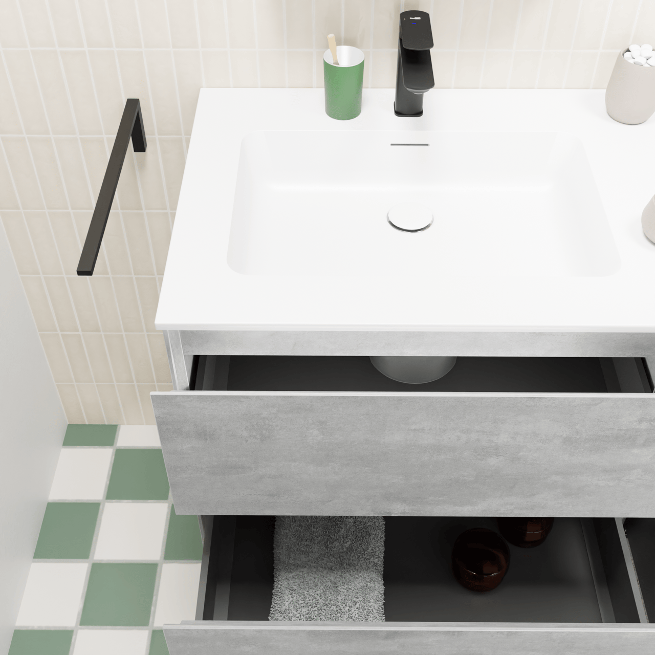 Storke Edge zwevend badmeubel 140 x 52 cm beton donkergrijs met Mata asymmetrisch linkse wastafel in solid surface mat wit