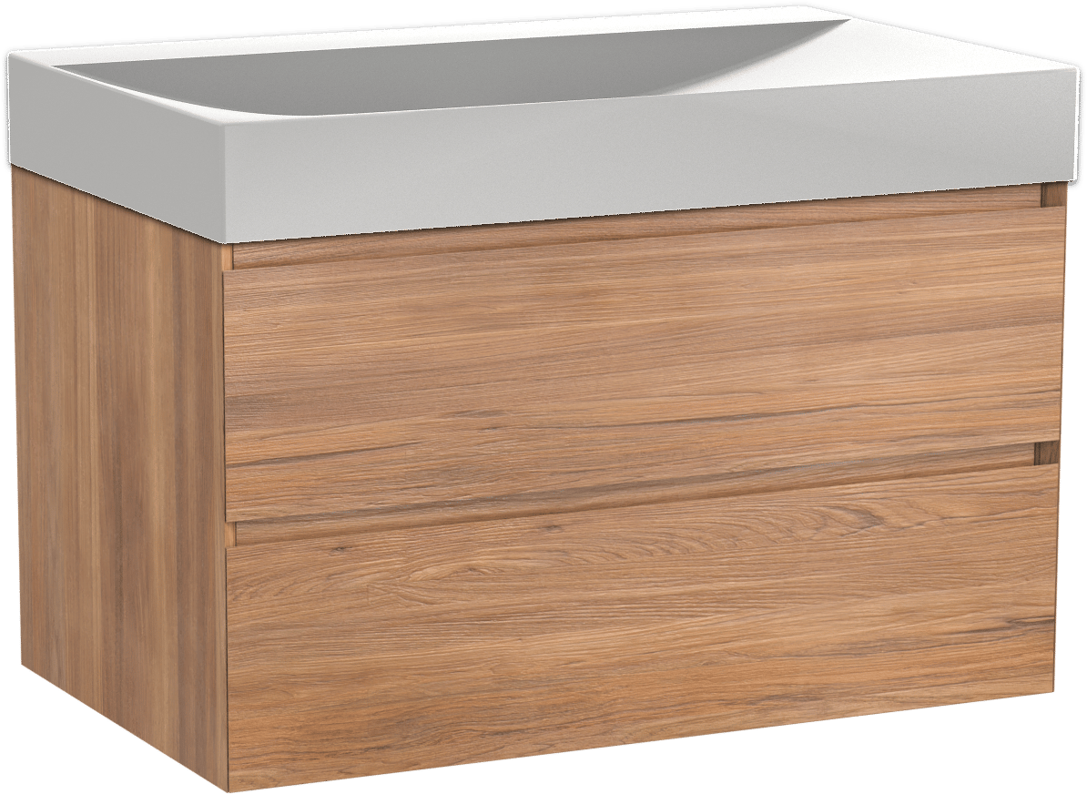 Balmani Mitra zwevend badkamermeubel 90 x 55 cm teak met Wave enkele wastafel in solid surface mat wit
