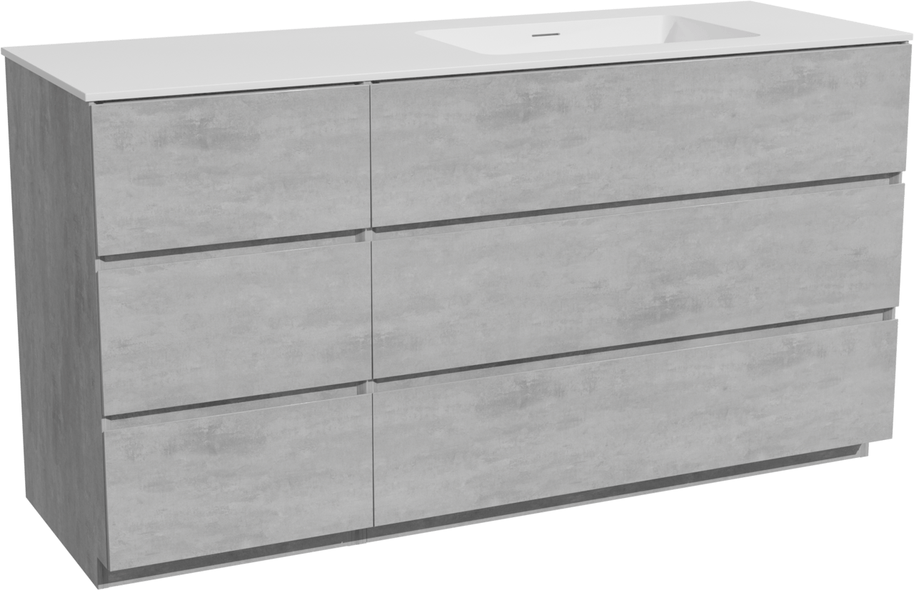 Storke Edge staand badkamermeubel 150 x 52 cm beton donkergrijs met Mata asymmetrisch rechtse wastafel in solid surface mat wit