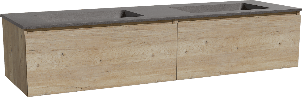 Storke Edge zwevend badmeubel 170 x 52 cm ruw eiken met Scuro dubbele wastafel in kwarts mat zwart
