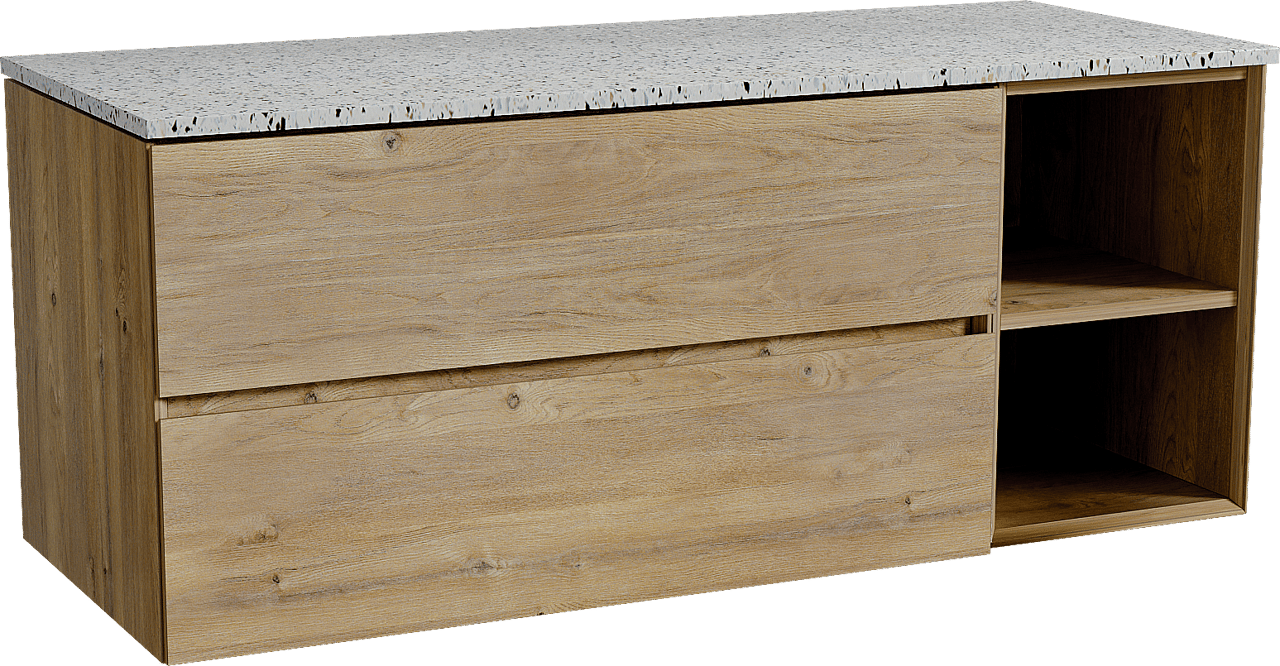 Storke Edge meuble salle de bains suspendu 130 x 52 cm chêne brut avec Tavola tablette simple ou double en blanc/noir mat terrazzo