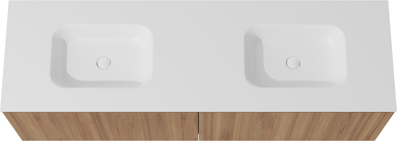 Balmani Eclips hängendes Möbelstück Set: 180 x 55 cm, Teak, mit Tablo Arcato Doppelwaschtisch Solid Surface Weiβ matt