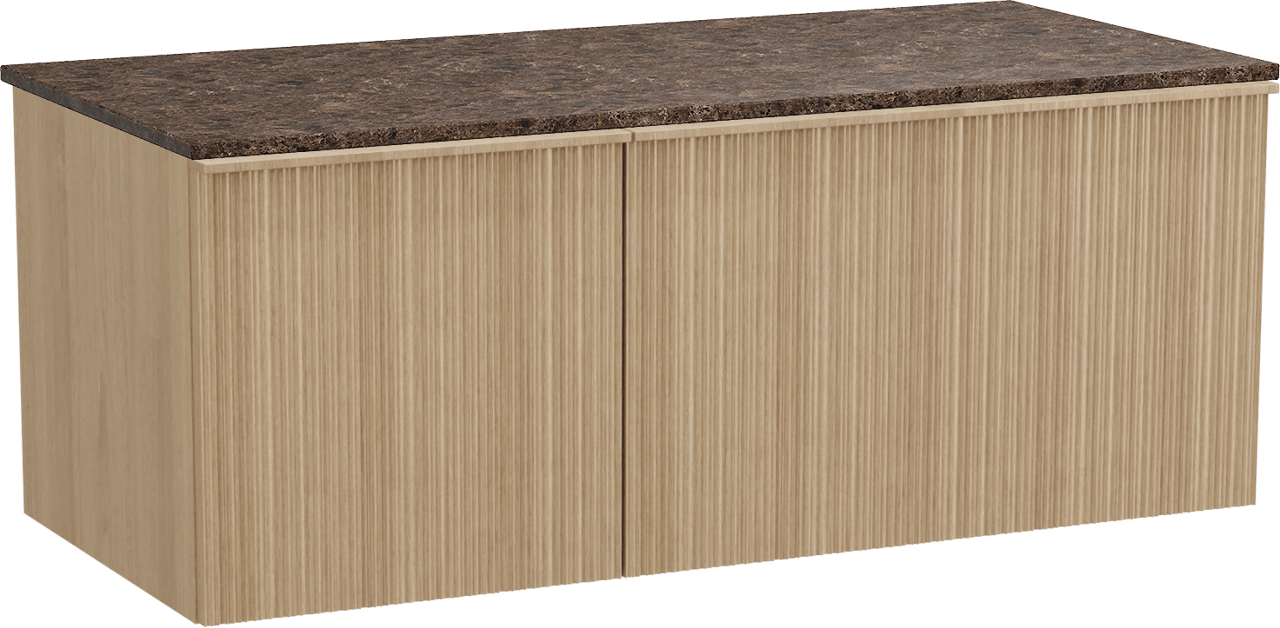 Balmani Forma zwevend badmeubel 120 x 55 cm naturel eiken met Stretto enkel of dubbel wastafelblad in marmer dark emperador, Verticale asymmetrische ronde ribbel