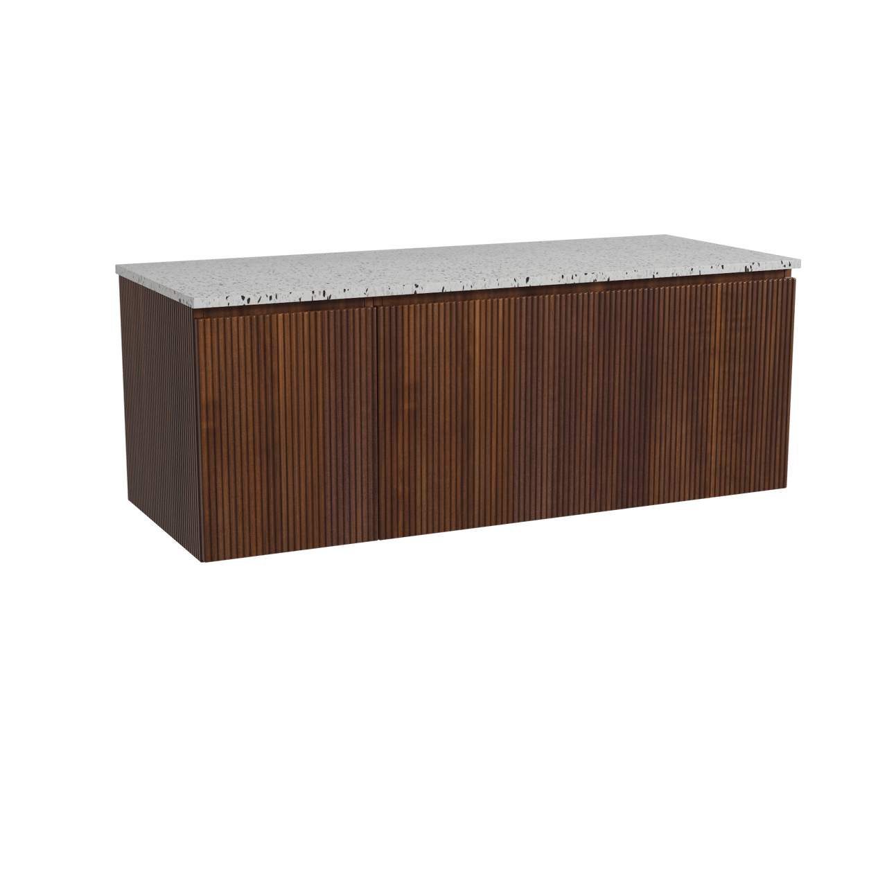 Storke Ribs meuble salle de bains suspendu 130 x 52 cm noyer avec Tavola tablette simple ou double en blanc/noir mat terrazzo, Nervure droite symétrique verticale