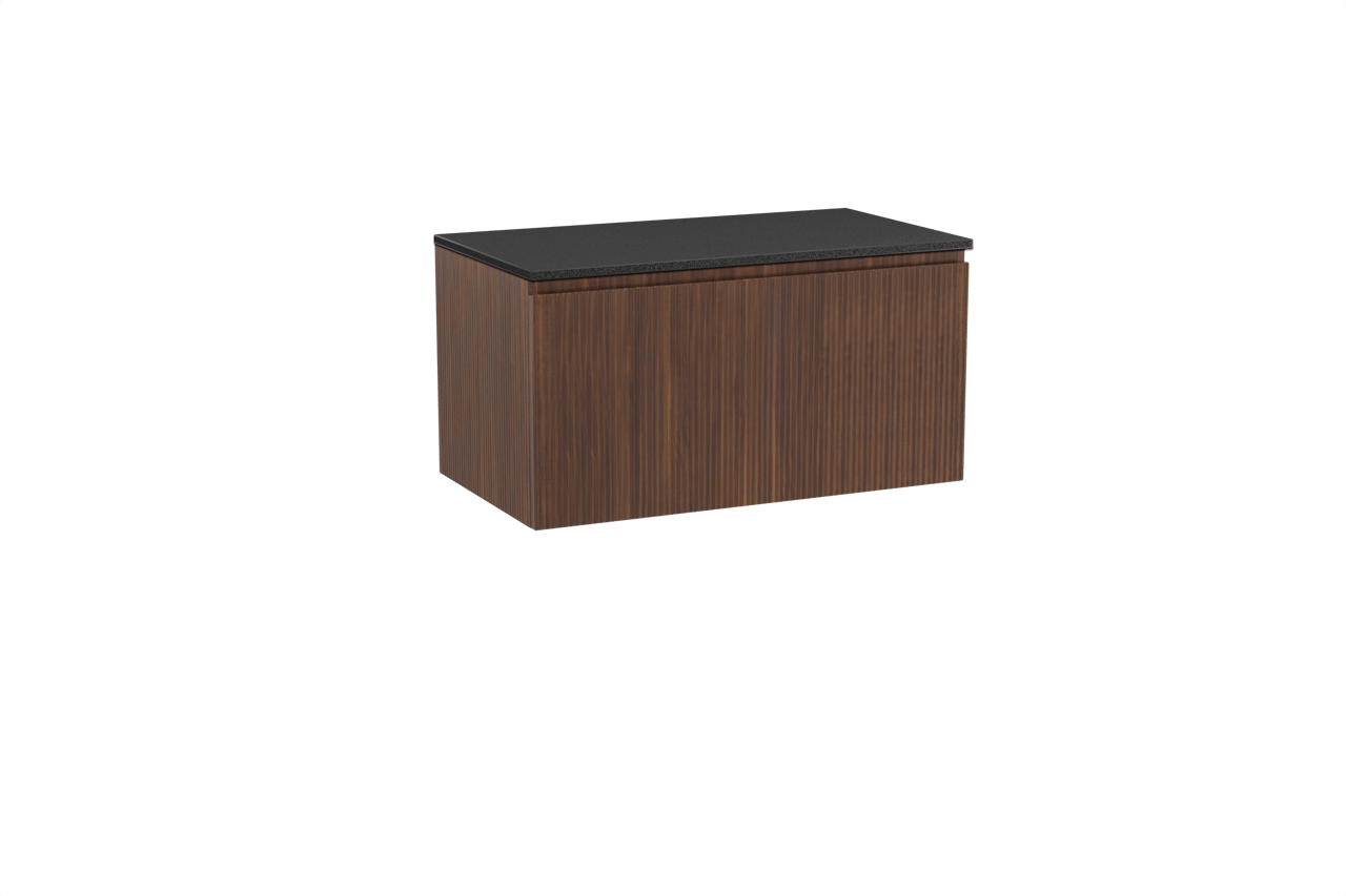 Storke Ribs hängendes Möbelstück Set: 95 x 52 cm, Nussbaum, mit Panton Einzel Waschtischplatte, Pulverbeschichtetes MDF, Schwarz matt, Vertikale symmetrische gerade Rippe
