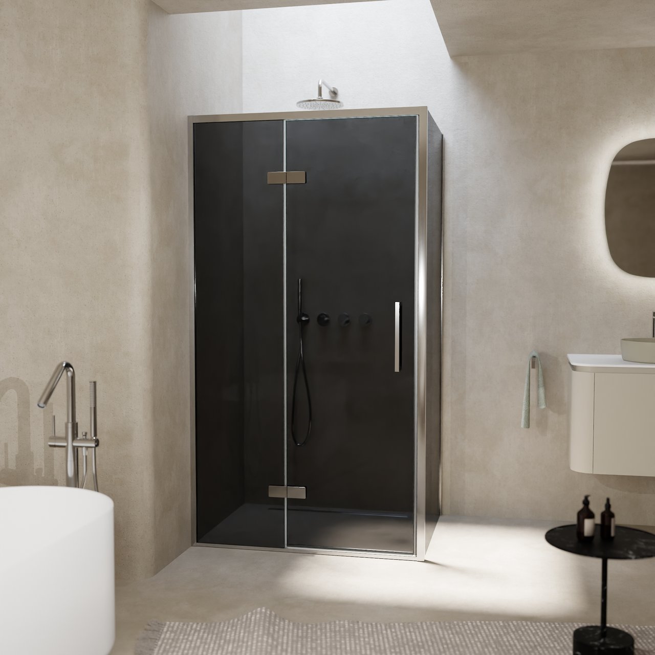 Balmani Senses Design douche en coin avec porte pivotante à gauche et paroi latérale fixe, 100 x 100 cm, Verre fumé, Profil chrome, coating inclus