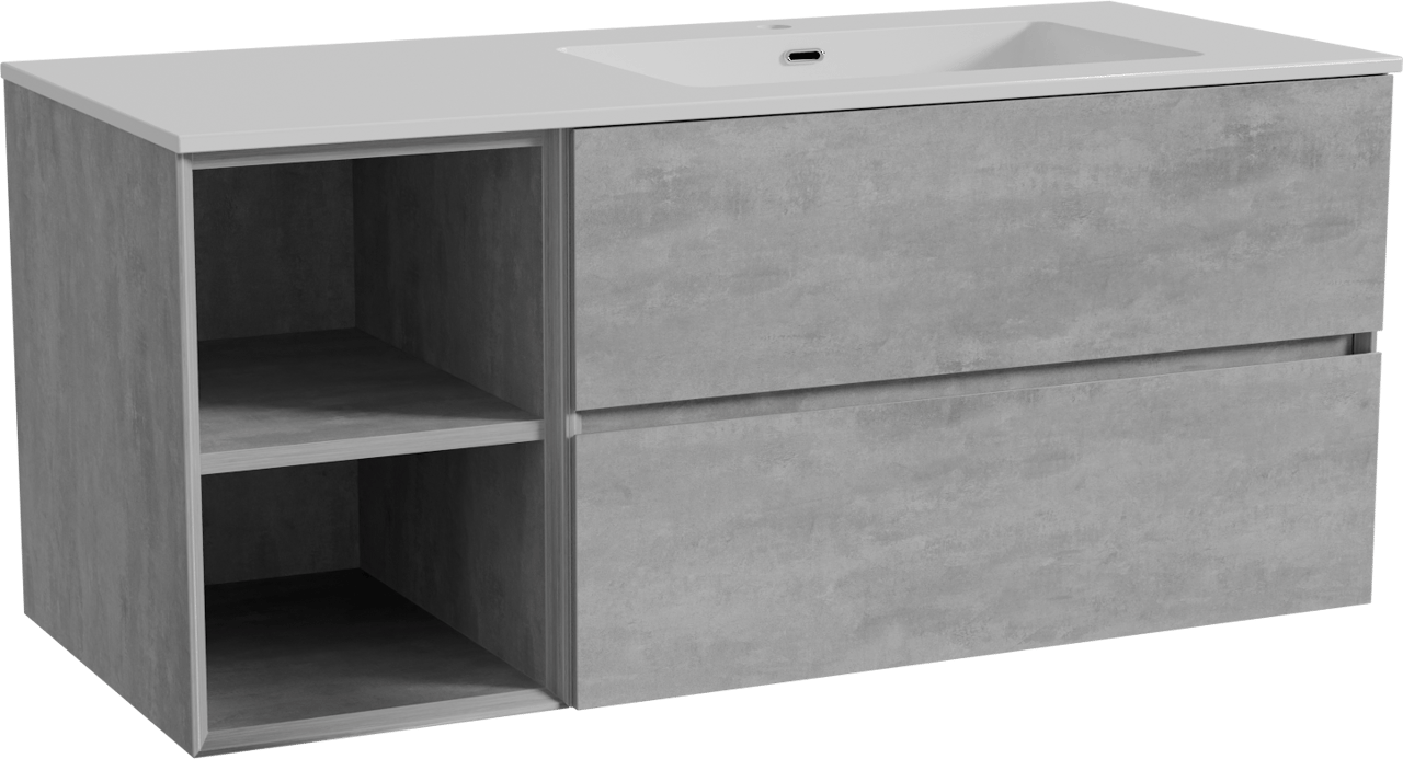 Storke Edge zwevend badkamermeubel 120 x 52 cm beton donkergrijs met Diva asymmetrisch rechtse wastafel in composietmarmer glanzend wit