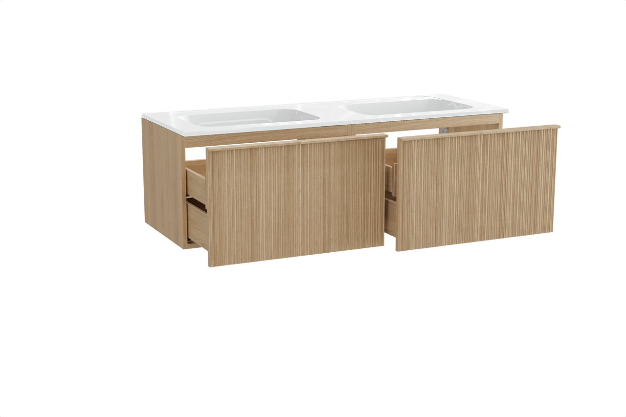 Balmani Forma zwevend badmeubel 150 x 55 cm naturel eiken met Tablo Strada dubbele wastafel in composietmarmer hoogglans wit, Verticale asymmetrische ronde ribbel