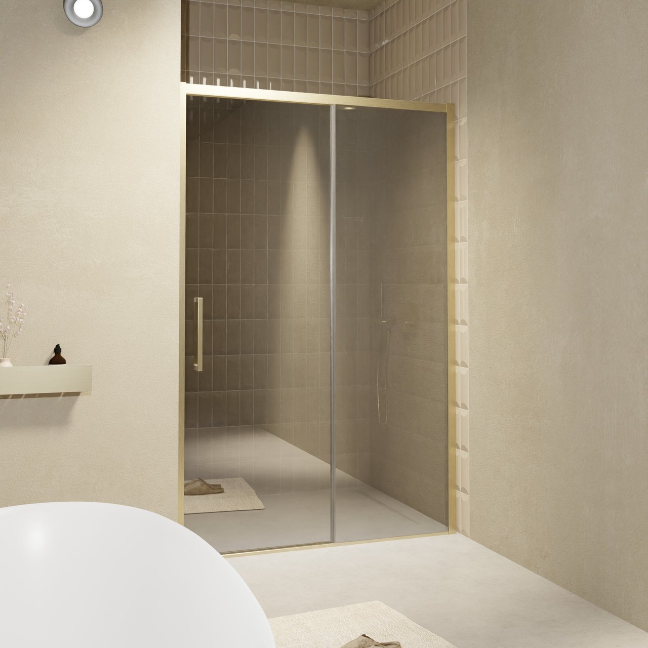 Balmani Senses Design porte coulissante à droite 160 cm x 210 cm verre Miroir Reflex, Profil Brushed Champagne Gold, coating inclus