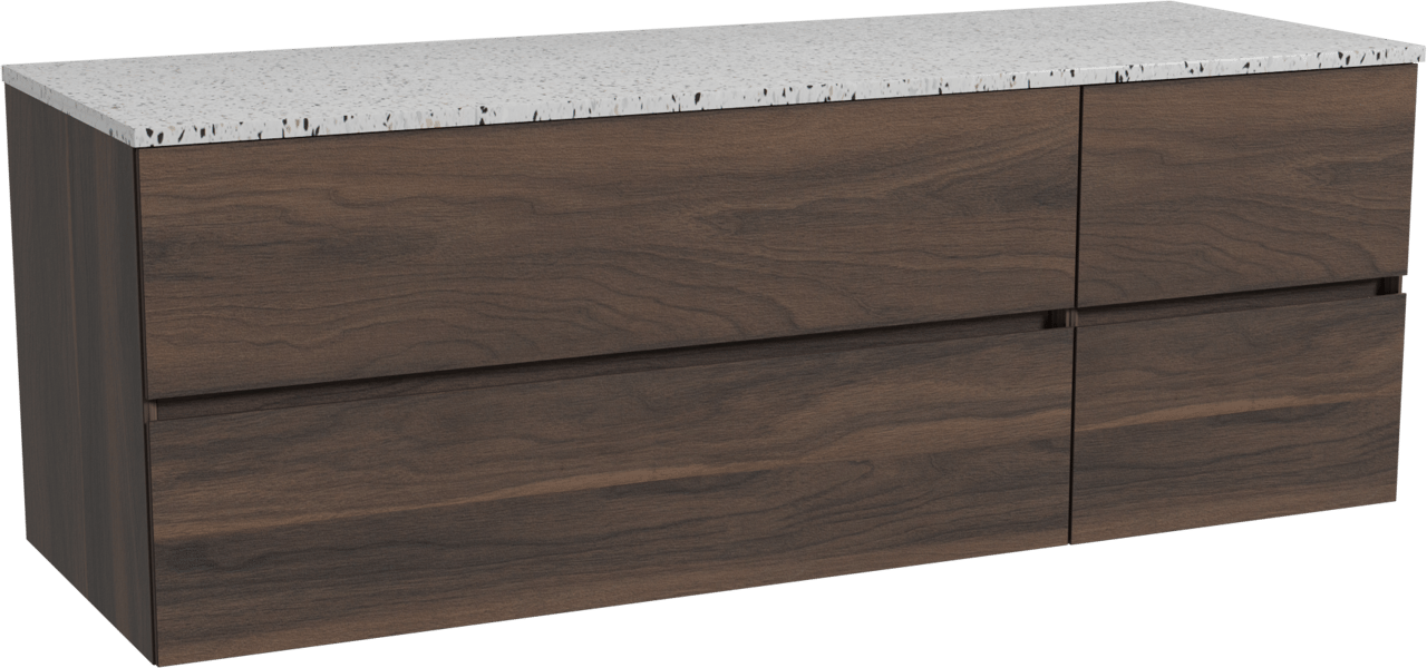 Storke Edge meuble salle de bains suspendu 150 x 52 cm noyer avec Tavola tablette simple ou double en blanc/noir mat terrazzo