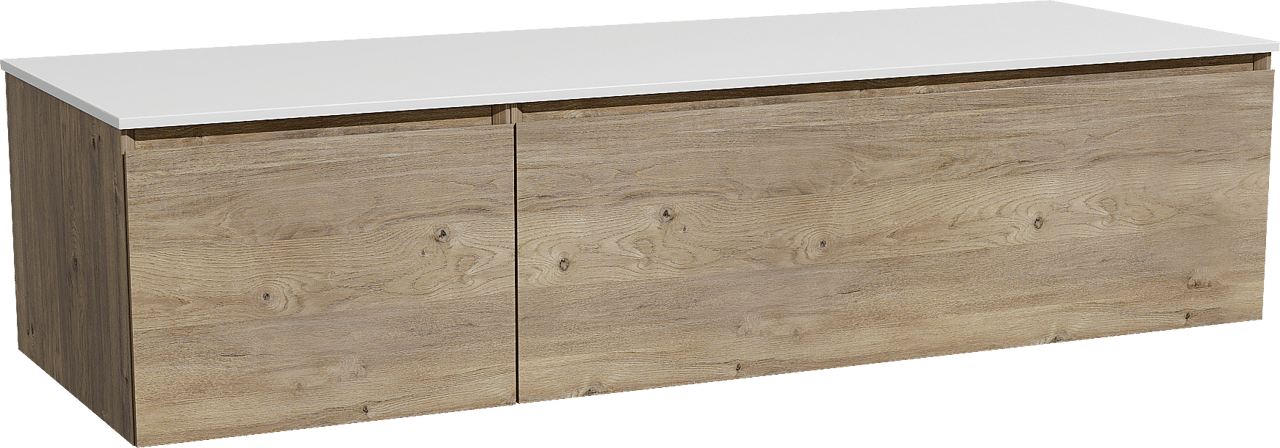 Storke Edge zwevend badmeubel 150 x 52 cm ruw eiken met Tavola enkel of dubbel wastafelblad in solid surface mat wit