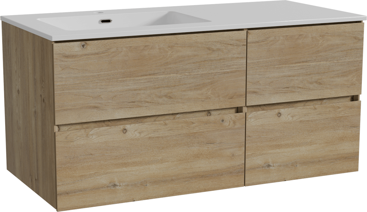Storke Edge zwevend badkamermeubel 110 x 52 cm ruwe eik met Diva asymmetrisch linkse wastafel in composietmarmer glanzend wit