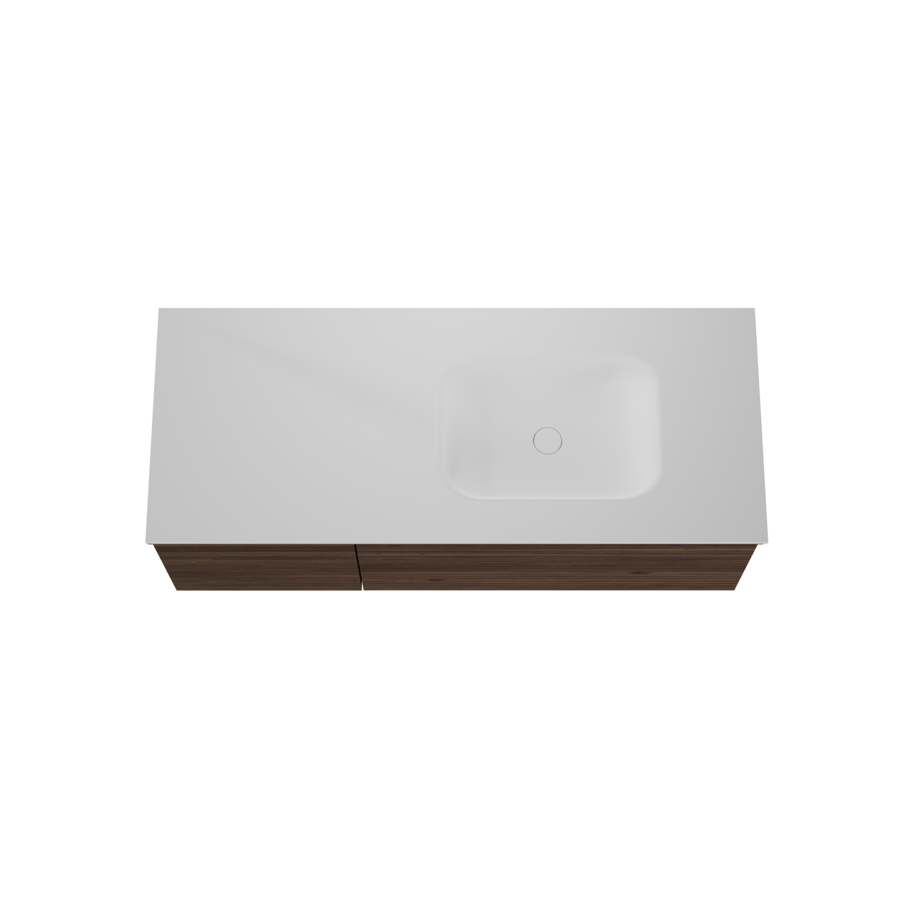 Balmani Forma zwevend badmeubel 135 x 55 cm amerikaans notenhout met Tablo Arcato asymmetrisch rechtse wastafel in solid surface mat wit, Horizontale symmetrische rechte ribbel