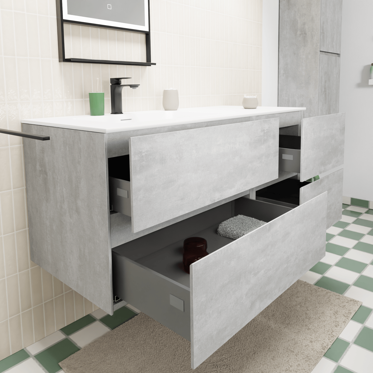 Storke Edge zwevend badkamermeubel 120 x 52 cm beton donkergrijs met Mata asymmetrisch linkse wastafel in solid surface mat wit