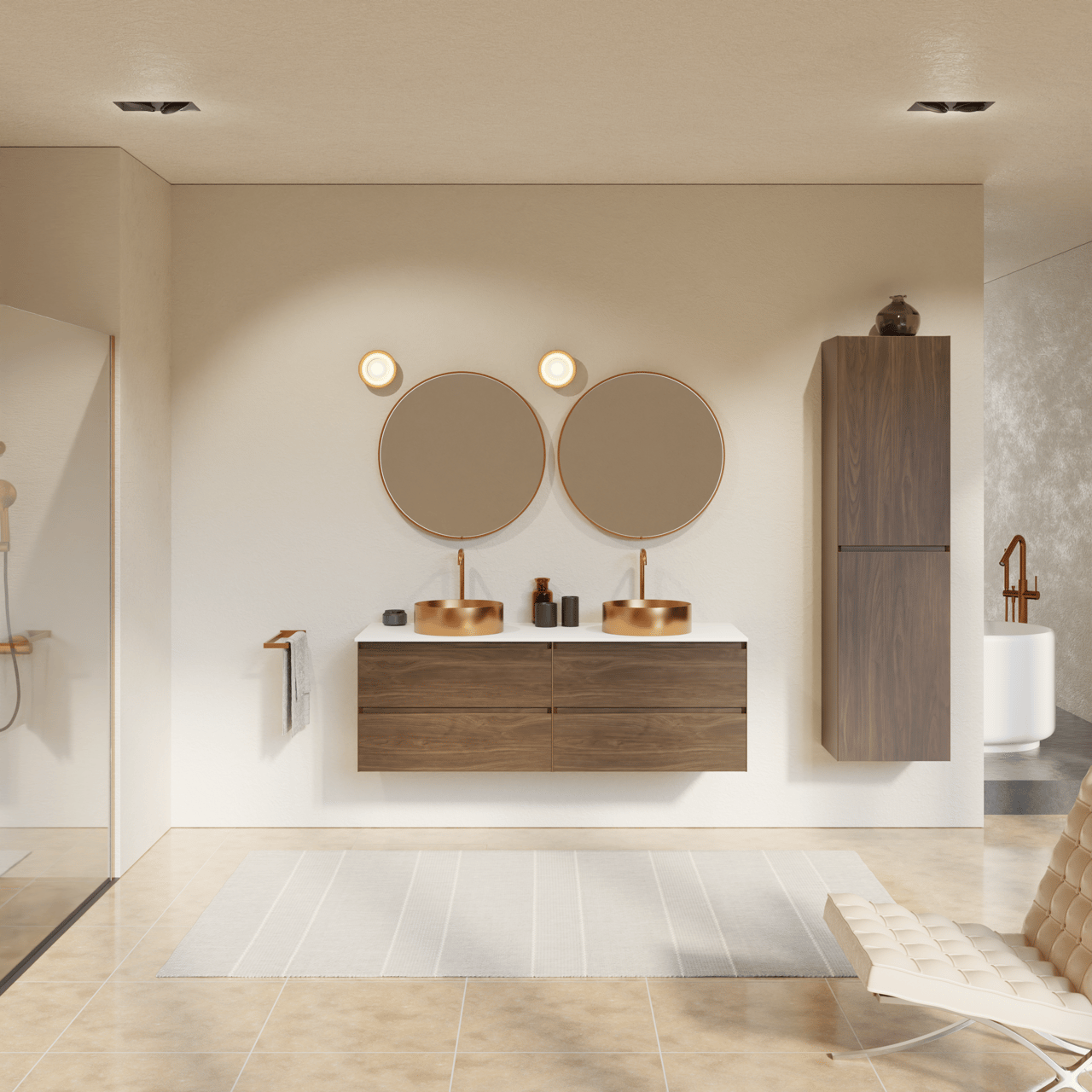 Balmani Mitra meuble salle de bains suspendu 150 x 55 cm noyer américain avec Stretto tablette simple ou double en solid surface blanc mat