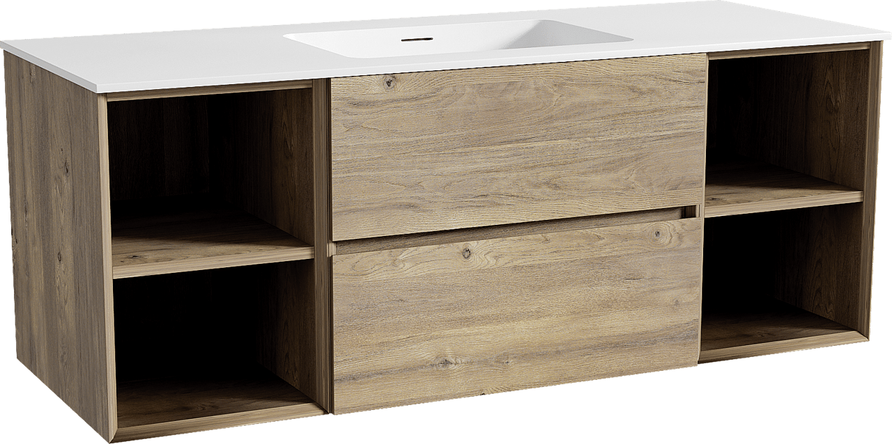 Storke Edge zwevend badmeubel 135 x 52 cm ruw eiken met Mata enkele wastafel in solid surface mat wit