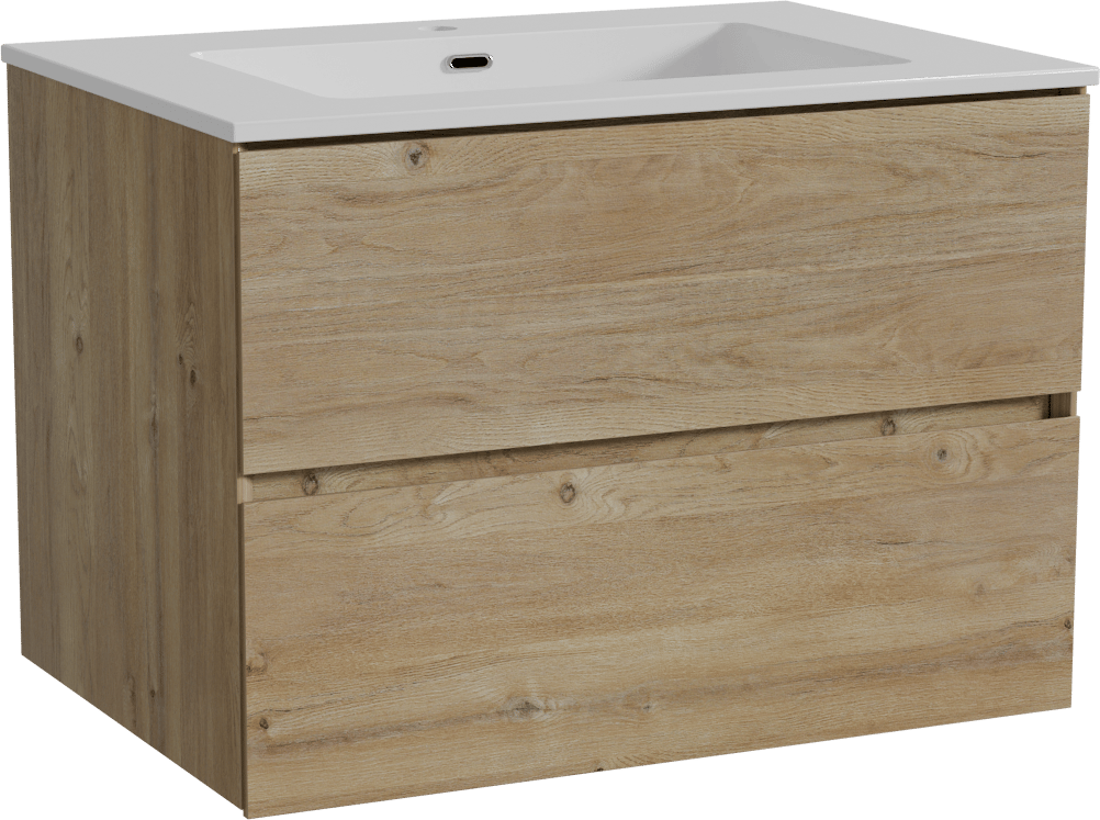Storke Edge zwevend badkamermeubel 75 x 52 cm ruwe eik met Diva enkele wastafel in composietmarmer glanzend wit