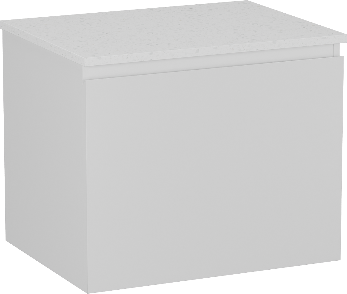 Linie Lado zwevend badmeubel 60 x 46 cm hoogglans wit met Lado enkel wastafelblad in melamine terrazzo wit
