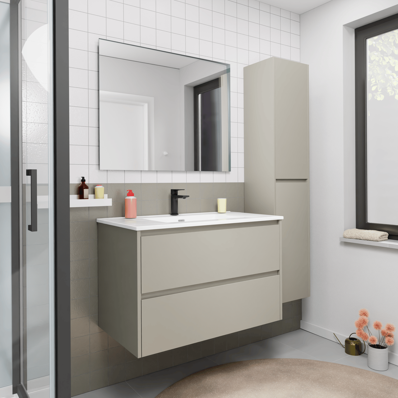 Storke Seda meuble salle de bains suspendu 95 x 52 cm soie grise avec Kera double vasque en céramique blanc brillant, bonde incluse