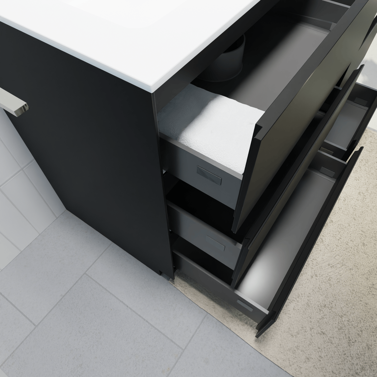 Storke Edge freistehendes Möbelstück Set: 150 x 52 cm, Schwarz matt, mit Mata Waschtisch links, Solid Surface Weiß matt