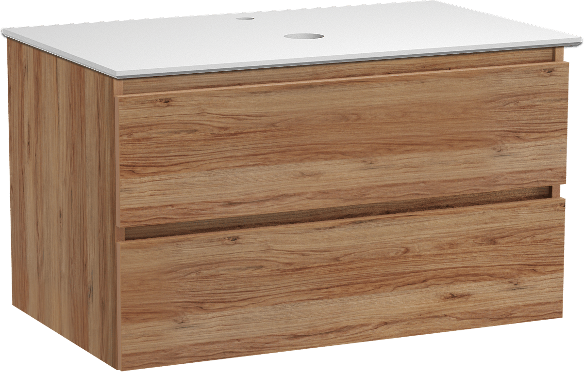 Balmani Lucida zwevend badkamermeubel 90 x 55 cm teak met Facetta enkel tablet in solid surface mat wit