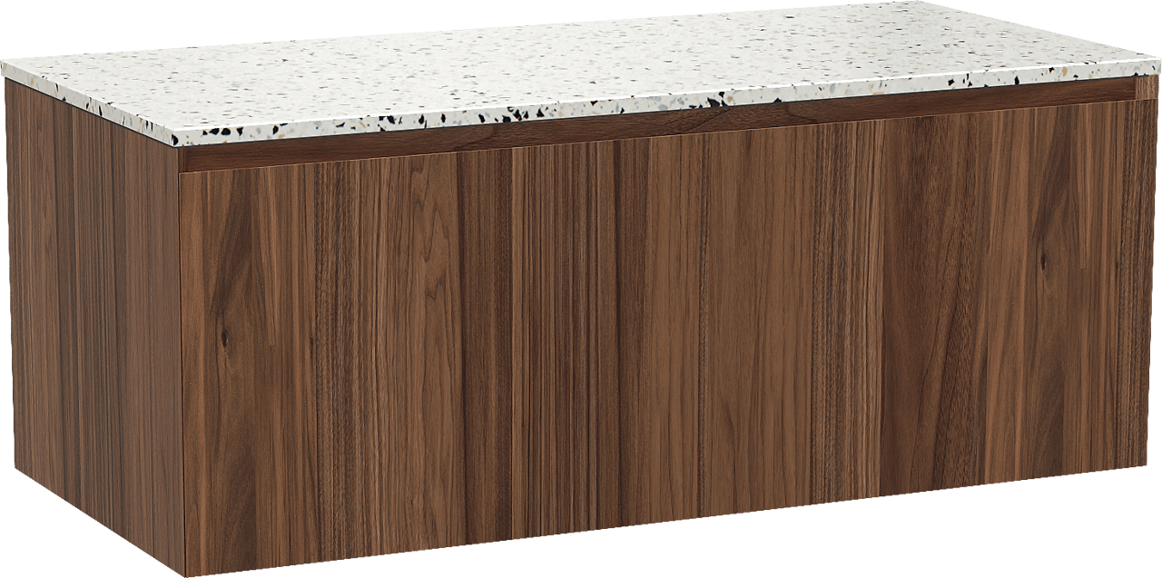 Balmani Idra by Mitra meuble salle de bains suspendu 120 x 55 cm noyer avec Stretto tablette simple ou double en blanc/noir mat terrazzo
