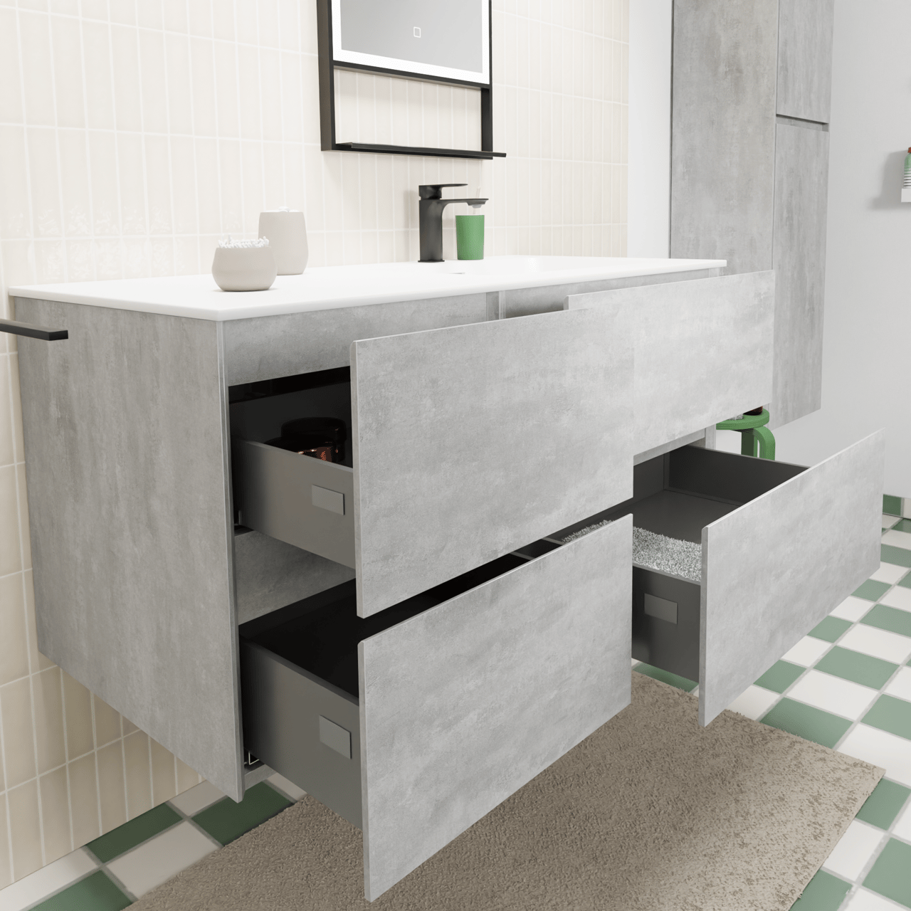 Storke Edge meuble salle de bains suspendu 110 x 52 cm béton gris foncé avec Mata plan vasque asymétrique à droite en solid surface blanc mat