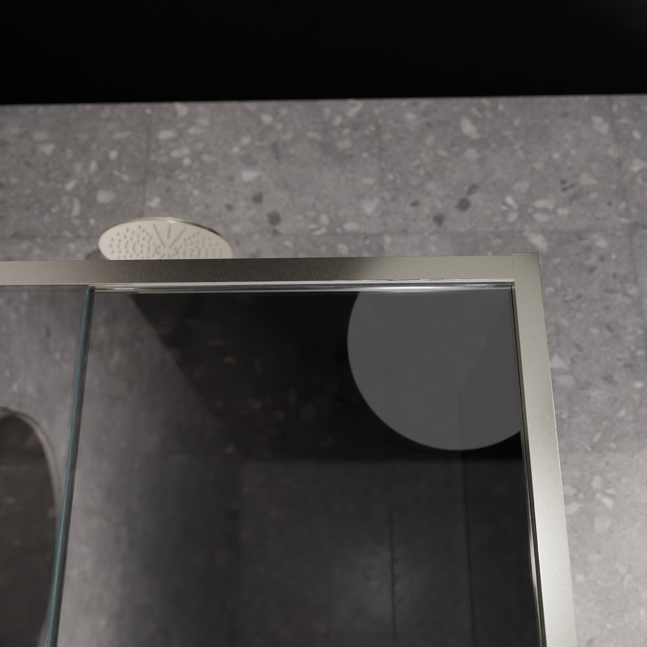 Balmani Senses Design douche en coin avec porte coulissante à gauche et paroi latérale fixe, 140 x 100 cm, Miroir Reflex, Profil Brushed CoolMetal
