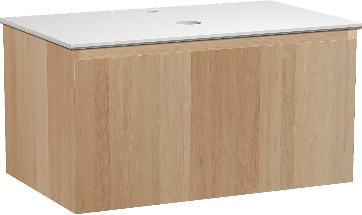 Balmani Idra by Mitra meuble salle de bains suspendu 90 x 55 cm chêne naturel avec Facetta tablette simple en solid surface blanc mat