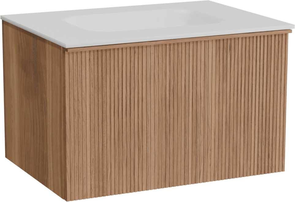 Balmani Forma hängendes Möbelstück Set: 75 x 55 cm, Teak, mit Tablo Arcato Einzelwaschtisch, Solid Surface, Weiß matt, Vertikale symmetrische gerade Rippe