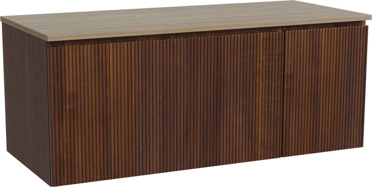 Storke Ribs zwevend badmeubel 120 x 52 cm notenhout met Panton enkel of dubbel wastafelblad in melamine ruw eiken, Verticale symmetrische rechte ribbel