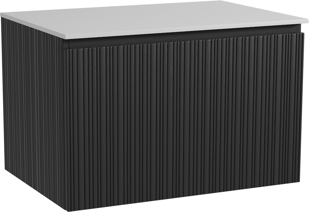 Storke Ribs zwevend badkamermeubel 75 x 52 cm zwarte eik met Tavola enkel tablet in solid surface mat wit, Verticale asymmetrische rechte ribbel