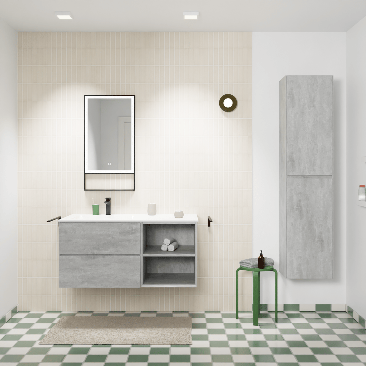 Storke Edge zwevend badkamermeubel 110 x 52 cm beton donkergrijs met Mata asymmetrisch linkse wastafel in solid surface mat wit